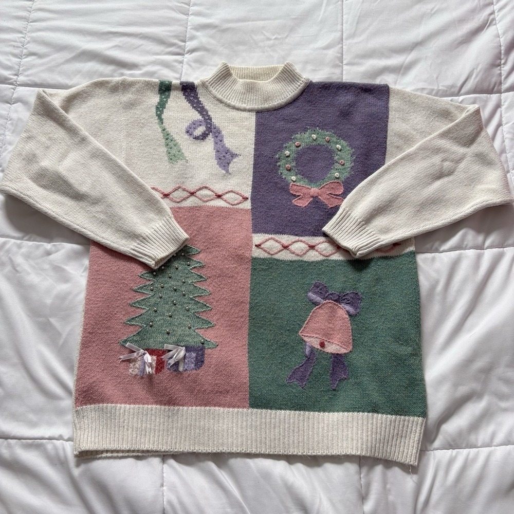 Vintage 80s Patchwork Pastel Christmas Sweater Womens Large Granny Cottagecore